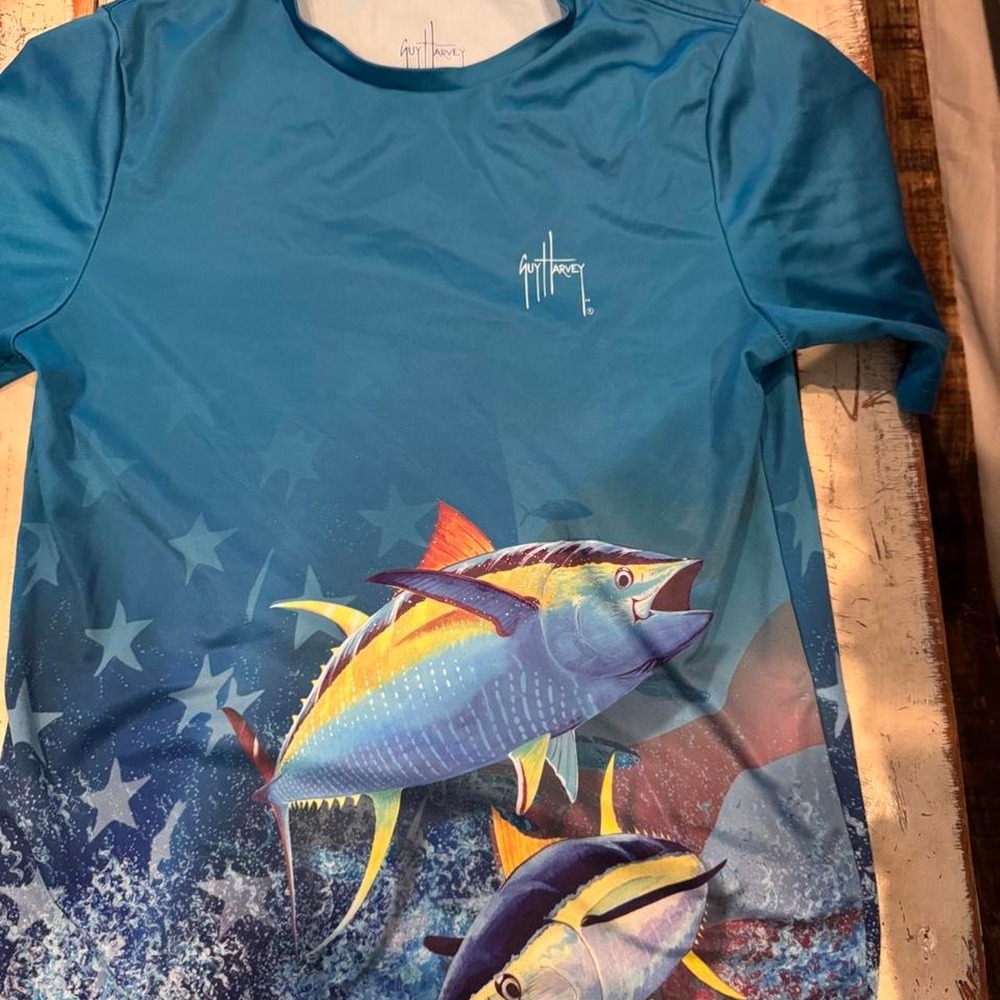Guy Harvey Youth Large Blue Tuna Patriotic Performance Fishing Shirt Tee